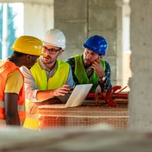 construction team looking over engineering plans on laptop